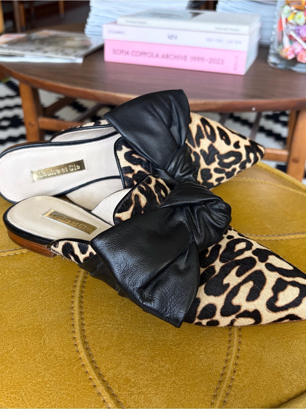 Louise et Cie Leopard Print Pointed Mules with Black Knot Bow